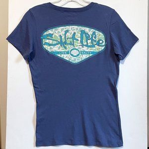NWOT Salt Life Blue/Turquoise Live Salty Short Sleeve V Neck T Shirt Top S